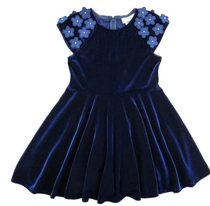 Stretch Velvet Navy Blue Dress with Flowers and Pearls