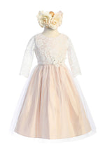 Load image into Gallery viewer, Floral lace 3/4 Sleeve with Satin &amp; Crystal Tulle Blush