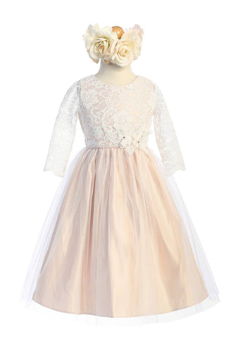 Floral lace 3/4 Sleeve with Satin & Crystal Tulle Blush