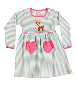 Long Sleeve Popover Dress Aqua Stripe Prancer with Pink Heart Pockets