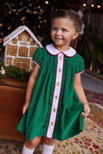 Load image into Gallery viewer, Ruffled Sally Green Gingerbread Dress w/ White/Red Piping