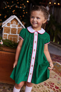 Ruffled Sally Green Gingerbread Dress w/ White/Red Piping