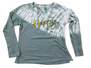 Long Sleeved Tie Dye Tie Side Tee With Happy Embroidery