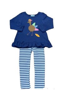Blue Turkey Baby Doll Top & Blue Stripe Leggings Set