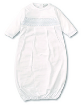 Load image into Gallery viewer, Hand Smocked CLB Charmed White/Blue Sack Gown