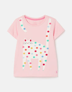 Astra Short Sleeve Applique Artwork Pink Cat T-Shirt