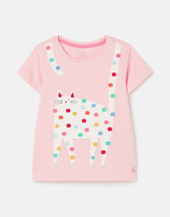 Astra Short Sleeve Applique Artwork Pink Cat T-Shirt